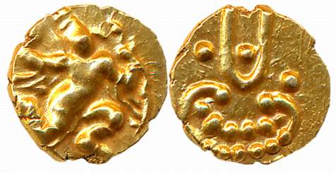 Banas of Madurai, Samarakolakalan, Gold Fanam, 0.39g, Obv: Stylize Garuda running to right