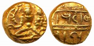 Vijaynagar Empire, Devaraya I, Gold Varaha- Hon, 3.41g, Obv: Lord Vishnu seated in Padmasa