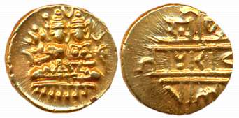 Vijaynagar Empire, Devaraya I, Gold 1/2 Varaha- Hon, 1.68g, Obv: Lord Shiva Parvati seated