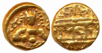 Vijaynagar Empire, Krishnadevaraya, Gold Varaha- Hon, 3.34g, Obv: Seated Lord Balakrishna 