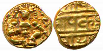 Vijaynagar Empire, Krishnadevaraya, Gold Varaha- Hon, 3.37g, Obv: Seated Lord Balakrishna 