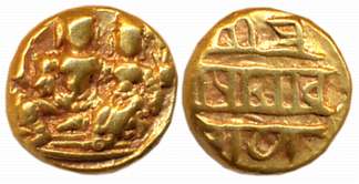 Vijaynagar Empire, Krishnadevaraya, Gold Varaha- Hon, 3.37g, Obv: Seated Lord Balakrishna 