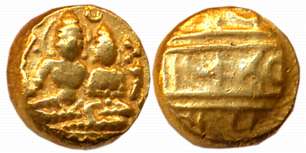 Vijaynagar Empire, Krishnadevaraya, Gold Varaha- Hon, 3.39g, Obv: Seated Lord Balakrishna 
