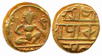 Vijaynagar Empire, Krishnadevaraya, Gold Varaha- Hon, 3.37g, Obv: Seated Lord Balakrishna 