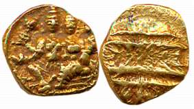 Vijaynagar Empire, Sadashivraya, Gold 1/2 Varaha- Hon, 1.67g, Obv: Lord Vishnu seated in P