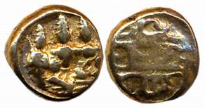 Vijaynagar Empire, Tirumalaraya, Gold Varaha- 1/2 Hon, 1.62g, Obv: Lord Rama seated cross 