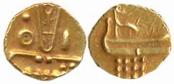 Malabar Cost, Veera Raya, Gold Fanam, 0.38g, Obv: Stylized Lion, cresent above, Rev: Styli