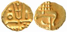Malabar Cost, Veera Raya, Gold Fanam, 0.39g, Obv: Stylized Lion, cresent above, Rev: Styli