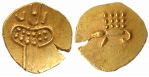 Coorg Gold Fanam, 0.39g, Obv: Stylized Lion, cresent above, Rev: Stylised Boar.