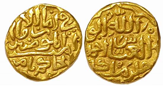 Muhammad bin Tughluq, Gold Tanka, 10.97g, Mintless, in the name of Abbasid Caliphs al Haki
