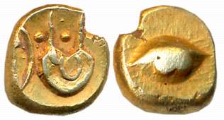 Gold Pagoda, 3.28g, Obv: Uncertain figure, popularly known as “Hudki (Boat)”, Arabic initi