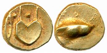 Gold Pagoda, 3.36g, uncertain symbols on both sides (G&amp;G# BJ49). Uncirculated, rare. E