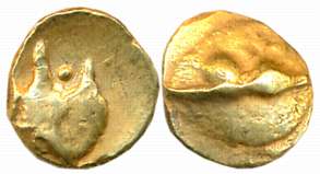 Gold 1/2 Pagoda, 1.66g, uncertain symbols on both sides (G&amp;G# BJ50). Very fine, rare. 