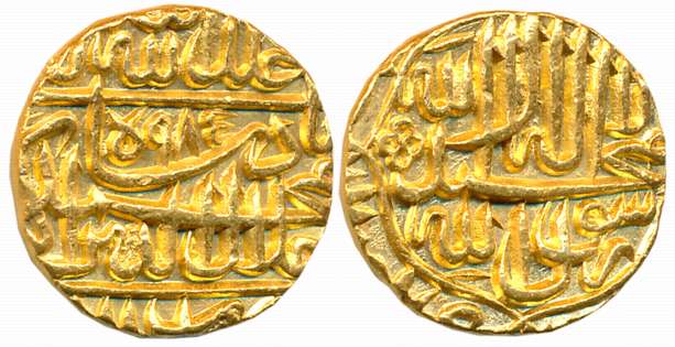 Akbar, Gold Mohur, 10.88g, “Kalima” type, Dar ul Khilafah Lahore Mint, AH 985 (KM# 106.4).