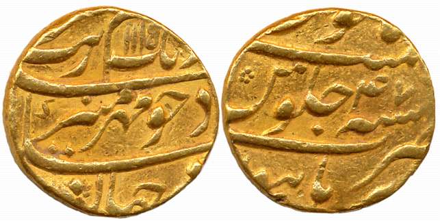 Aurangzeb, Gold Mohur, 10.98g, Burhanpur Mint, AH 1115/ RY 47 (KM# 315.16). Very fine.