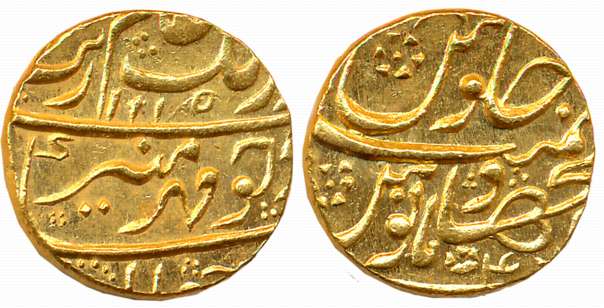 Aurangzeb, Gold Mohur, 11.00g, Dar ul Jihad Hyderabad Mint, AH 1115/ RY 4X (KM# 315.20). U