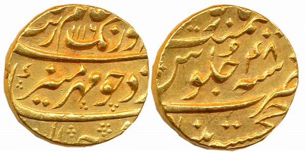 Aurangzeb, Gold Mohur, 10.93g, Khujista Bunyad Mint, AH 1116/ RY 48 (KM# 315.30). About un