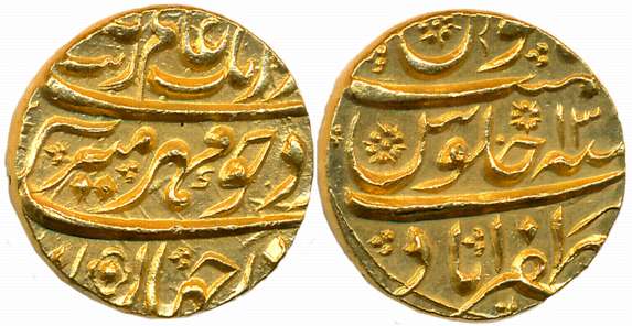 Aurangzeb, Gold Mohur, 10.99g, Zafarabad Mint, RY 13 (KM# 315.49). Uncirculated, very rare
