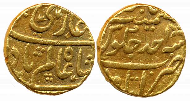 Shah Aalm, Gold Mohur, 10.89g, Itawa Mint, RY Ahad (KM# 354.1). Very fine, rare.