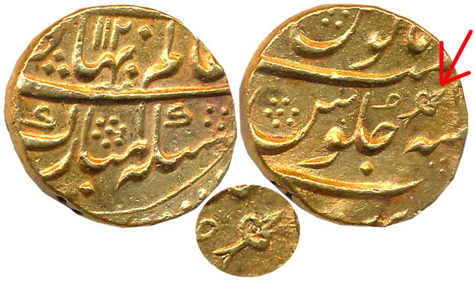 Shah Alam, Gold Mohur, 10.98g, Parenda Mint, AH 1120, interesting mark on reverse (KM# 356