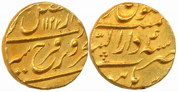 Farrukhsiyar, Gold Mohur, 11.00g, Dar ul Sarur Burhanpur Mint, AH 1127/ RY 4 (KM# 390.11).