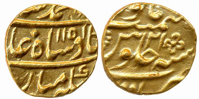 Muhammad Shah, Gold Mohur, 11.00g, Multan Mint, AH 1151/ RY 21 (KM# 438.17). Interesting f