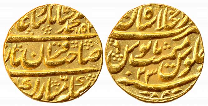 Muhammad Shah, Gold Mohur, 10.84g, Broad Flan, Dar ul Khilafat Shahjahanabad Mint, AH 115X
