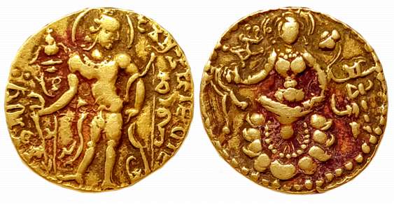 Guptas, Chandra Gupta II, Gold Dinar, 7.73g, Archer type, Obv: King standing facing right,
