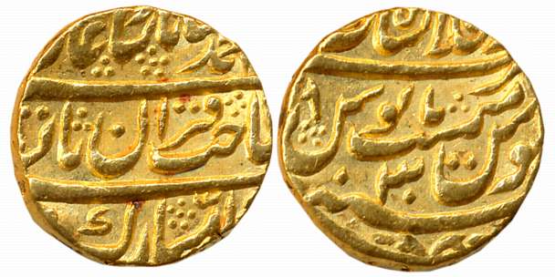Muhammad Shah, Gold Mohur, 10.87g, Dar ul Khilafat Shahjahanabad Mint, RY 30 (KM# 438.22).