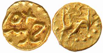 Ahmad Shah, Gold 1/2 Fanam, 0.19g, Karpa Mint (KM# B450.1). Extremely fine. Ex Classical A