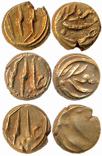 Alamgir II, Gold Fanam (3), 0.36g, 0.36g, 0.37g, Kolar Mint. Extremely fine, rare. 3 coins