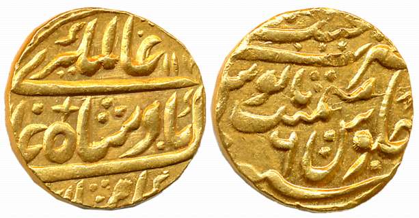 Alamgir II, Gold Mohur, 10.84g, Najibabad Mint, AH 117X/ RY 6 (KM# 467.11). About uncircul