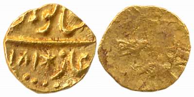 Shah Alam II (Ali Gohur), Gold Fanam, 0.18g, Karpa Mint, AH 1181. Extremely fine, rare.