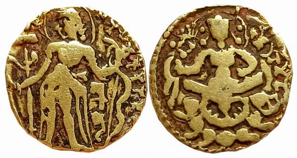 Guptas, Skanda Gupta, Gold Dinar, 8.66g, “Archer” type, Obv: Nimbate king standing facing 