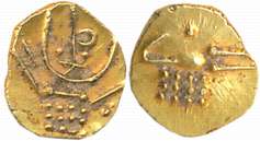 Venkoji, Gold Arialur Fanam, 0.39g, Obv: Lion to right crescent above, Devnagari letter “V