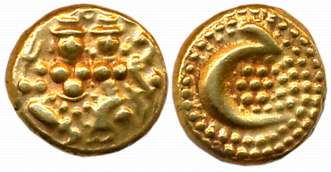 Haidar Ali, Gold Pagoda- Hon, 3.43g, Obv: Lord Shiva Parvati seated, Rev: Persian letter “