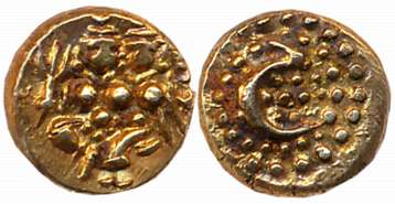 Haidar Ali, Gold Fanam, 0.37g, Obv: Lord Shiva Parvati seated, Rev: Persian letter “He” fo
