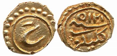 Tipu Sultan, Gold Fanam, 0.38g, Kalikut Mint, AH 1215, Persian letter “He” (KM# 78). Extre