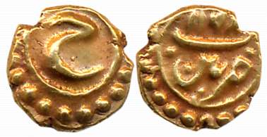 Tipu Sultan, Gold Fanam, 0.38g, Patan Mint, AM 1198, Persian letter “He” (KM# 128.1). Very