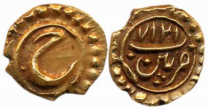 Tipu Sultan, Gold Fanam, 0.39g, Patan Mint, AM 1217, Persian letter “He” (KM# 128.1). Extr