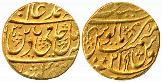 Asaf ud Daula, Gold Asharfi, 10.71g, Najibabad Mint, in the name of Shah Alam II, AH (119)