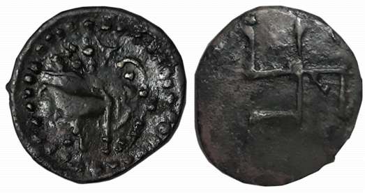 Pallavas of Kanchi, Copper Alloy, 1.63g, “Swastika” type, Obv: Bull facing right within do