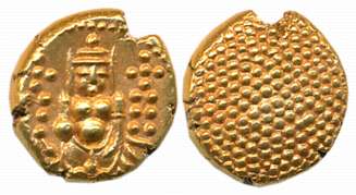 Gold Pagoda, 3.38g, Obv: Standing figure of Lord Vishnu, Rev: Granulated (P. Steven# 1.2, 