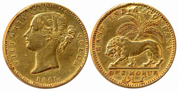 Victoria Queen, Gold Mohur, 11.61g, 1841, Divided legend, Calcutta Mint, W. W. incused, Ob