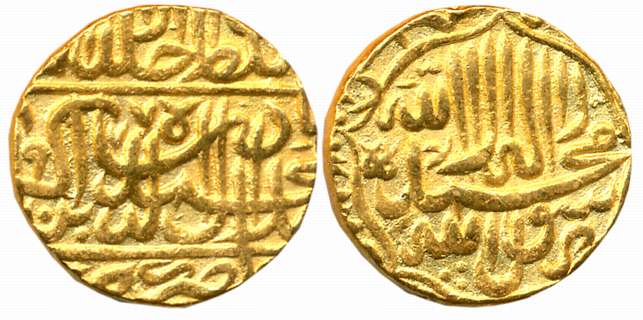 Gold Token Imitating Akbar, Gold Mohur, 10.80g, “Kalima” type of Jaunpur Mint, AH 977. Abo