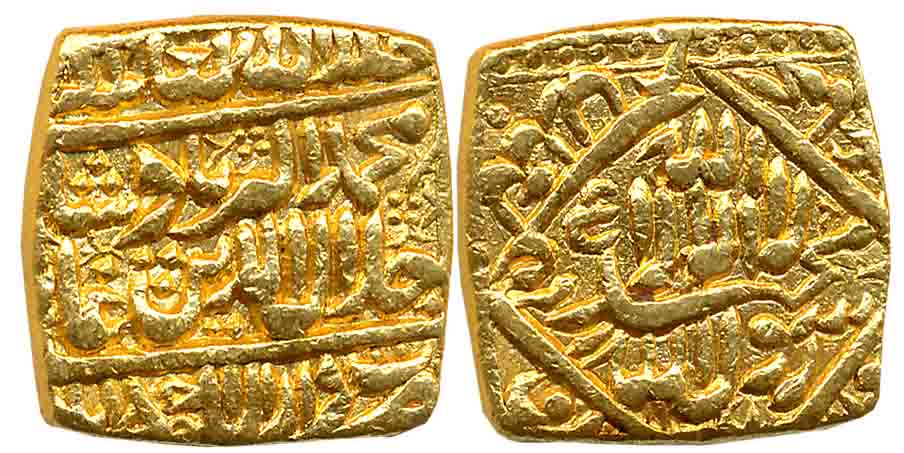 Gold Token, Imitating Akbar, Square Mohur, 12.08g, “Kalima” type, Urdu Zafar Qarin Mint, A