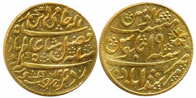 Gold Token, Imitating Murshidabad 1/2 Mohur, 6.23g, AH 1202/ RY 19. Extremely fine.
