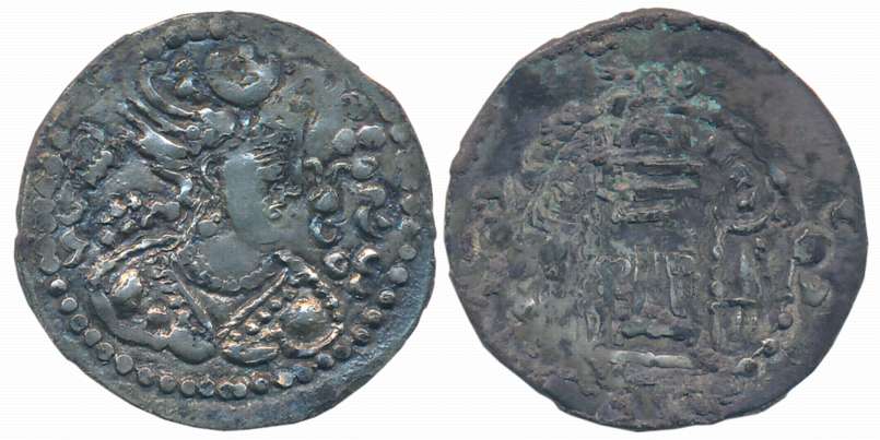 Hunnic Tribes in Bactria, Tobazini, Silver, 3.62g, Obv: Crowned bust wearing winged merlon