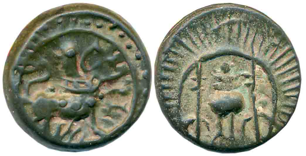 Vishnukundin, Copper Heavy Unit, 9.48g, Obv: Lion to right within circular border with dot