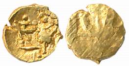 Kadambas of Goa, Gold Fanam, 0.08g, Obv: Lion facing to left in front of Ship, Rev: Faint 